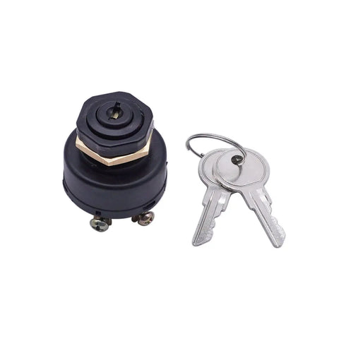 Black ignition switch with two silver keys, featuring a hexagonal design and metal connectors, on a white background.