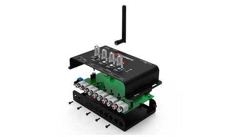 Bluetooth DSP Crossover For Car Audio With App Control 15 Band Graphic Equalizer 12 Presets 2 In 4 Out High Level Input Gain Up To 9V Wireless Phone Tuning For A Bangin Loud Clear Sound, showing internal components including circuit board and antenna.