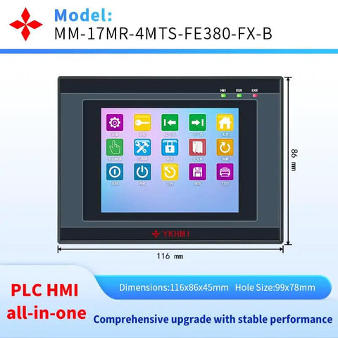 Front view of 3.8 Inch PLC HMI All In One Integrated Programmable Logic Controller with colorful display and model specifications.