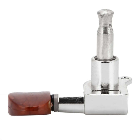 Top Tier Locking Tuning Pegs For Acoustic Electric Guitar In Silver With Rustproof Sealed Machine Heads And Screws Bushings For Fast Accurate Pitch Control That Will Totally Upgrade Your String Game Today. silver locking tuner with brown button, side view