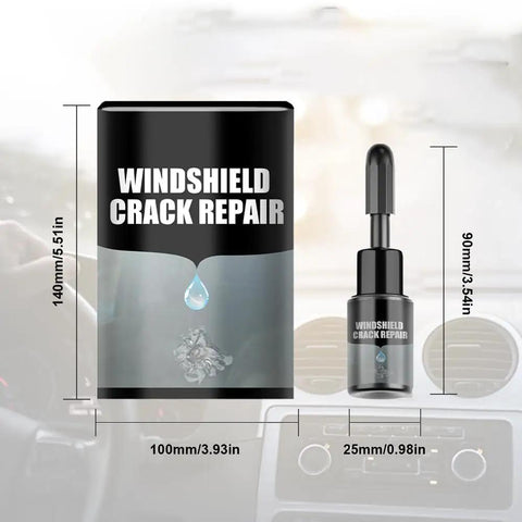 Windshield Crack Repair Kit And Fluid For Chips, All Weather Glass Repair Fluid For Cars, Fast And Easy DIY Windshield Tool Set To Fix Small Cracks, 2 Pack visible on car dashboard with dimensions.
