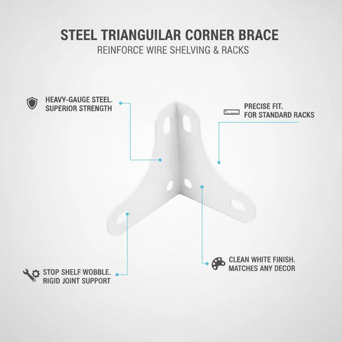 Heavy Duty White Steel Triangular Corner Bracket Delivers Badass Stability For Shelf Reinforcement Anchors Wire Racks Eliminates Janky Wobble On 90 Degree Joints For Reliable Diy Gear with clean white finish and precise fit.