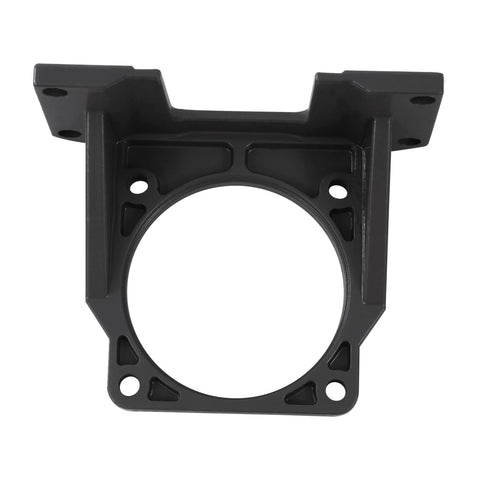 Motor mounting bracket for AC gear reducer; black aluminum alloy, four mounting holes, circular bore (front view)