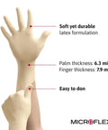 Front view of beige disposable latex glove on hand; Microflex logo visible
