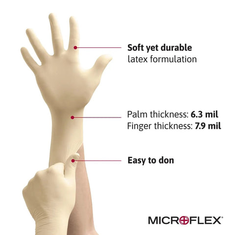 Front view of beige disposable latex glove on hand; Microflex logo visible