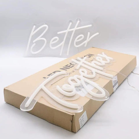 Better Together Neon Sign Set Two LED Wall Decor Signs In Warm White 23.5 X 10 In And 17.3 X 8.8 In Safe Silicone Tubes displayed