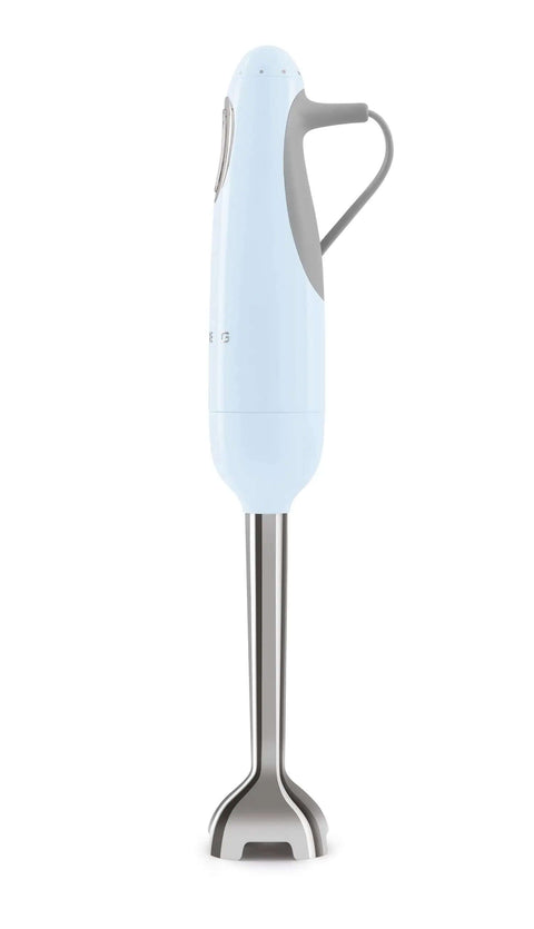 Pastel Blue Handheld Immersion Blender Featuring Five Precise Speeds And Instant Turbo Boost with stainless steel blending attachment.