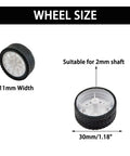 Two rubber wheels from 20 Piece Toy Car Wheel Set With 10 Round Shaft Axles For RC Cars, Trucks, Robots, Boats And Helicopters, 11mm width.
