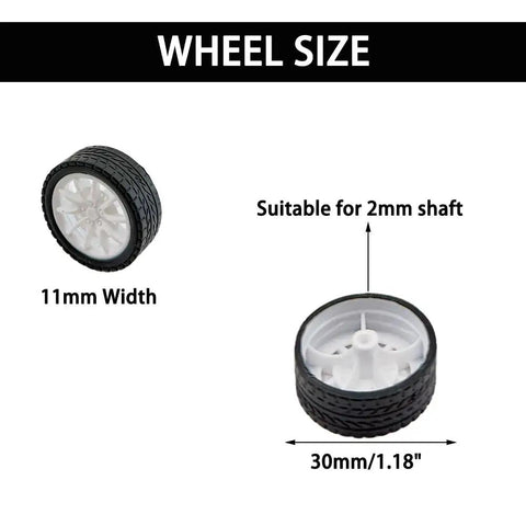 Two rubber wheels from 20 Piece Toy Car Wheel Set With 10 Round Shaft Axles For RC Cars, Trucks, Robots, Boats And Helicopters, 11mm width.