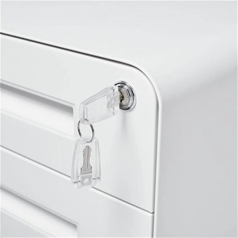 Close-up of lock and key on locking three drawer metal filing cabinet on wheels anti tip vertical design with rolling casters.