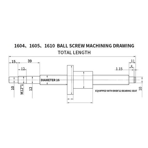 Slick 1400mm SFU1610 Ball Screw Kit With 4Pc HGW20CC Bearing Blocks And 2Pc HGR20 Linear Guide Rail featuring machining drawing dimensions.