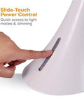 Person using slide touch control on Lit LED Desk Lamp With 8W Power White Finish Three Color Temperature Modes 3000K 4000K 6500K
