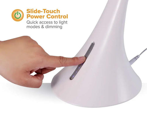 Person using slide touch control on Lit LED Desk Lamp With 8W Power White Finish Three Color Temperature Modes 3000K 4000K 6500K