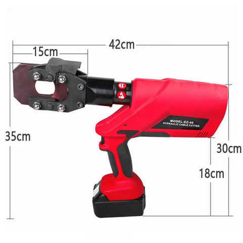Battery Powered Hydraulic Cable Cutter 60KN Heavy-Duty Wire Cutting Tool dimensions with red handle and black head