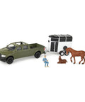 1/32 Scale Green Pickup Truck With Horse Trailer And Figures Farm Playset For Ages 3 Plus, Open Roof Truck With Horses And Rider