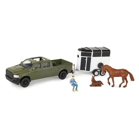 1/32 Scale Green Pickup Truck With Horse Trailer And Figures Farm Playset For Ages 3 Plus, Open Roof Truck With Horses And Rider