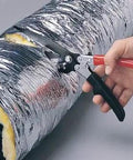 Flex Duct Shear With Built-In Wire Cutter, Four And Three Eighths Inch Cut Capacity in use cutting insulated round duct