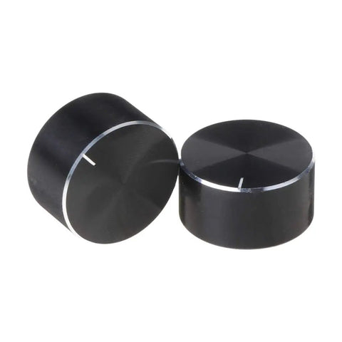 Two Pieces 25x13mm D Rotary Potentiometer Knobs, Metal Black Finish, 6mm Shank Hole, shown in close-up view.