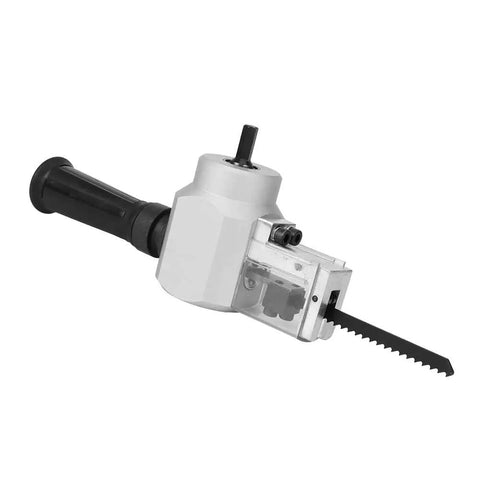 Saluaqui Metal Nibbler Drill Attachment Double Cutter For Sheet Metal and Efficient Metalwork Craft Complex Designs Gutters Roofs, side view with black handle.