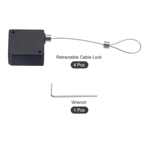Hella Secure Retractable Cable Lock With Sturdy Double Sided Adhesive Mounting Pad For Phones TV Boxes And Remotes Black 4 Pack with wrench.