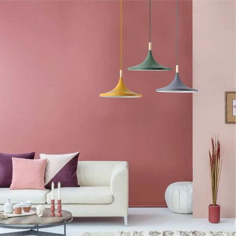 Three Color Barn Pendant Light Set In Nordic Macaron Style With Green Yellow And Smoke Gray Domes in living room setting.