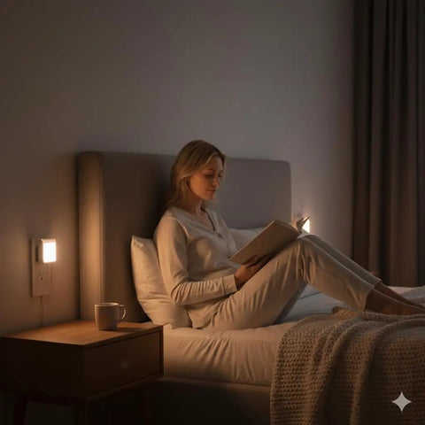 Plug In LED Night Light With Auto Dusk To Dawn Sensor Adjustable Brightness And Color Temperature in bedroom setting