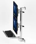 Upgrade Your Desk Game With This Heavy Duty Dual Monitor Arm Stand featuring dual screens and keyboard tray, steel construction.