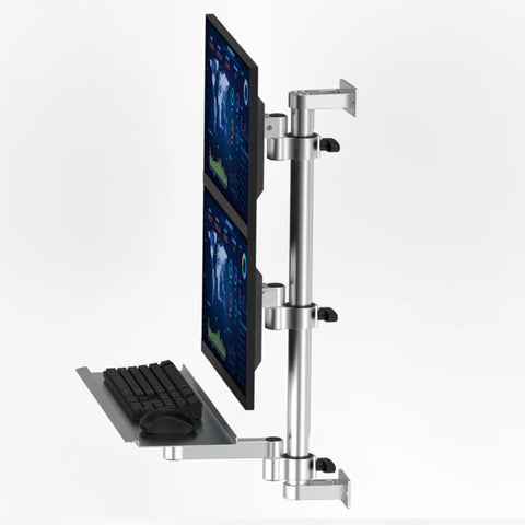 Upgrade Your Desk Game With This Heavy Duty Dual Monitor Arm Stand featuring dual screens and keyboard tray, steel construction.