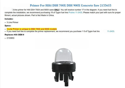 Pro Grade Primer For Concrete Saw 700X DSH 900X Replacement Part 2133653 DSH OEM Compatible easy install primer unit