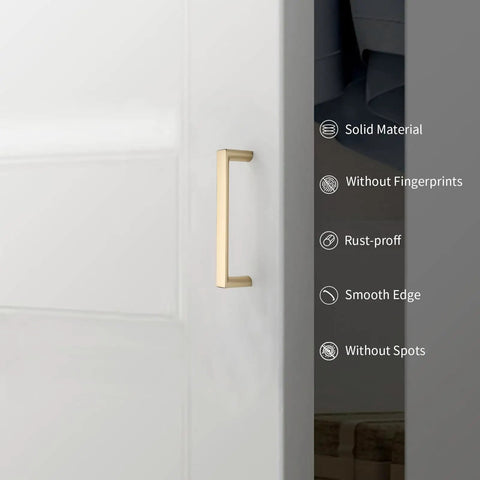 10 Pack Brushed Gold Cabinet Handles And Drawer Pulls For Kitchen Cabinets And Dressers Featuring Slick Zinc Alloy Body With Dope Fresh Look Plus 3.75 Inch Hole Spacing Great For Snazzy Vibe Upgrade Of Drawers And Cupboards Today showing a close-up of a brushed gold cabinet handle on a white cabinet.