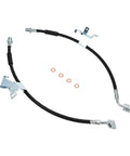 Front Brake Hose Kit Two Piece Heavy Duty For SUV And Truck Fits Escalade Tahoe Suburban Yukon Sierra Silverado 2007-2020 Drive Side And Passenger Side Hydraulic Brake Hose Set OEM Replace 88877850 88877851 showing black hoses and metal fittings.