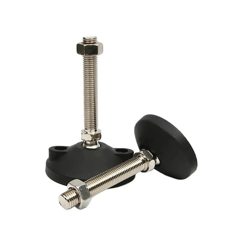 No Sweat Adjustable Furniture Levelers 4 Pack Swivel Articulating Feet with M8 M10 M12 threads, carbon steel body, and rubber pads.