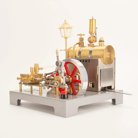 DIY Steam Engine Kit With Boiler And Generator For Adults Reversible Horizontal Stationary Engine Model Metal Build Your Own STEM Project Street Lamp Included, brass and red