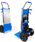 Professional Grade Electric Stair Climbing Dolly Engineered With A Beefy 1200W Brushless Motor That Powers Through Flights While Crushing 880 Lb Hauls Smooth Operation, blue design with large wheels and motor.