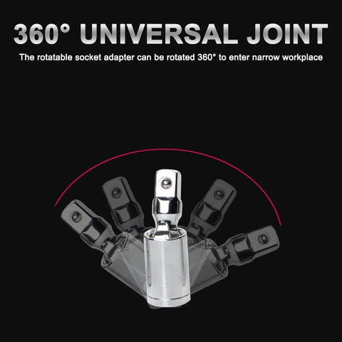 Front view of a 2-piece chrome-plated 3/8 inch universal joint socket adapter set with 360-degree rotating joints