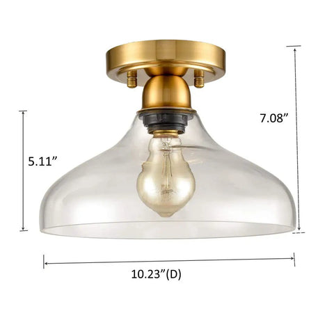 Modern Glass Semi Flush Mount Ceiling Light In Brass Finish With Handblown Glass Shade for Hallway Bedroom Bathroom and Kitchen