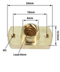 Six Pack Brass T8 Nut For 8mm Trapezoidal Lead Screw 2mm Pitch dimensions 24mm, 18mm, 8mm, M3 holes visible