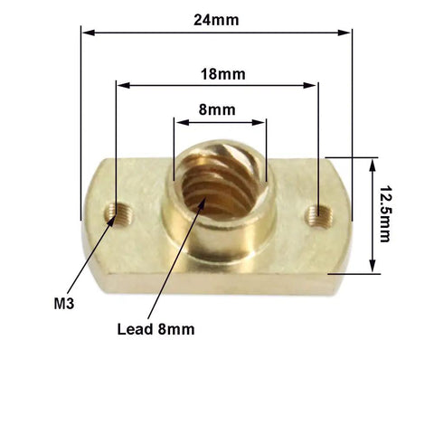 Six Pack Brass T8 Nut For 8mm Trapezoidal Lead Screw 2mm Pitch dimensions 24mm, 18mm, 8mm, M3 holes visible
