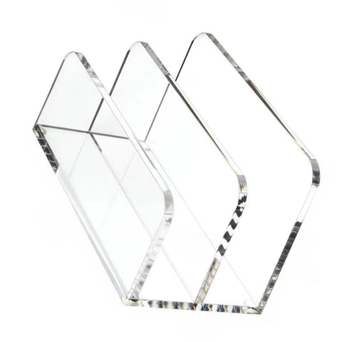 Acrylic Desk File Organizer With Mail Tray For Home Office And Studio Space Saving Document Storage Unit, clear compartments, side view.