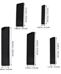 5 Piece Black Knife Sheath Covers With Flocking Lining, shown in various sizes with measurements, Protective ABS Guards