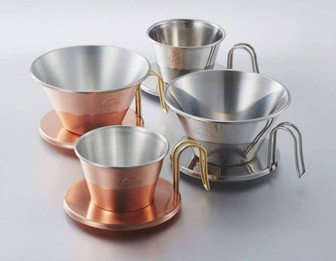 Tsubame WDS185 Stainless Steel Coffee Dripper for 2 to 4 folks with Wave Filter 185 made in Japan, shown in stainless steel and copper.