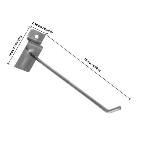 Close-up of Slatwall Hooks For Phone Accessories, Heavy Duty 50 Pack Iron Pegboard Display Hangers, dimensions shown.