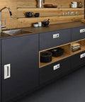 Kitchen cabinets with Concealed Recessed Flush Pull Handle 2-Pack Stainless Steel Hidden Flat Sliding Door Pulls, installed view.