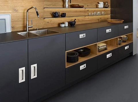 Kitchen cabinets with Concealed Recessed Flush Pull Handle 2-Pack Stainless Steel Hidden Flat Sliding Door Pulls, installed view.