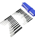 27 Piece Punch And Chisel Set With Center Punches Pin Punches Long Taper Starter Punches Chisels Gauge And Tool Pouch In Heavy Duty CR-V Steel For Pros And DIYers laid out with blue tool pouch