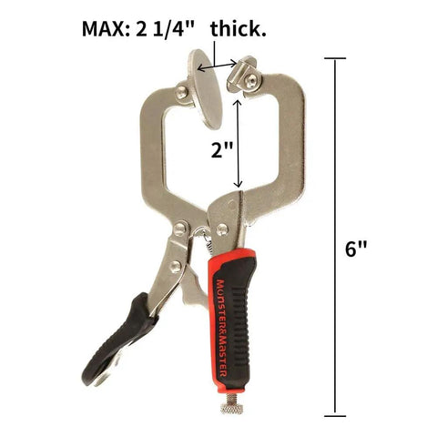 6 Inch C Clamp Face Locking Pliers With Swivel Pads For Heavy Duty Grip Like A Boss And Locking Power, Clamp Bulky Workpieces Up To Two And A Quarter Inches Thick, 26 Inch Length, Two Inch Jaw Depth, Durable Construction, 2-inch jaw depth, 2.25-inch max clamp