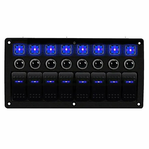 8 Gang Switch Panel 12V 24V Waterproof On Off Rocker LED Panel Switch With Breakers For Boat Marine Car Blue Light