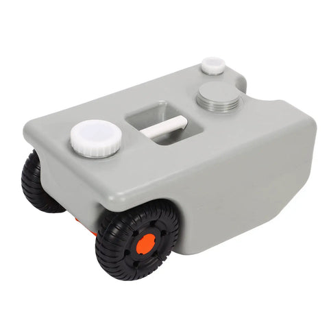25L Portable RV Waste Tote Tank Made From HDPE, Heavy Duty Holding Tank For Boat Camping Travel Trailer Use, side view with wheels