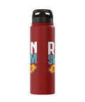Red Swim And Run Insulated Stainless Steel Water Bottle For Aquathlon Training with black lid, side view