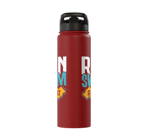 Red Swim And Run Insulated Stainless Steel Water Bottle For Aquathlon Training with black lid, side view